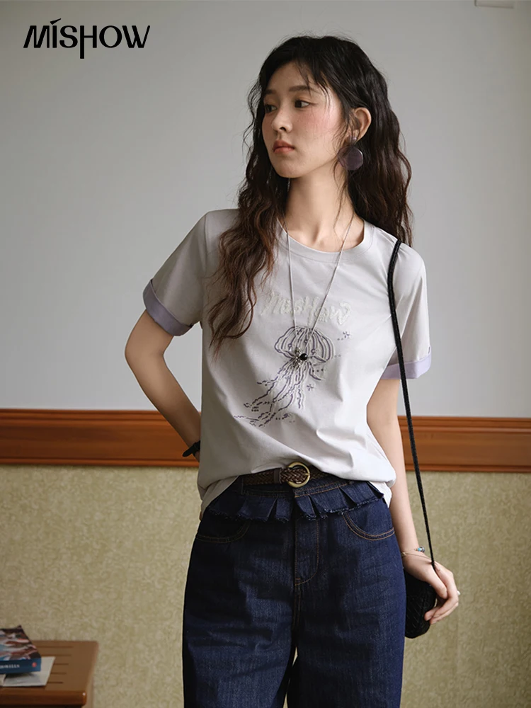 

MISHOW Short Sleeve Tee Women's 2025 Summer New Fashion Embroidery T-shirt Casual O-Neck Spliced Top Ladies Clothing MXE36T0573