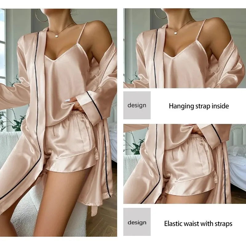 Women\'s Loungewear & Sleepwear V Neck Slip Dress & Long Sleeve Night Robe House Robe With Belt Solid Satin Pajama Set