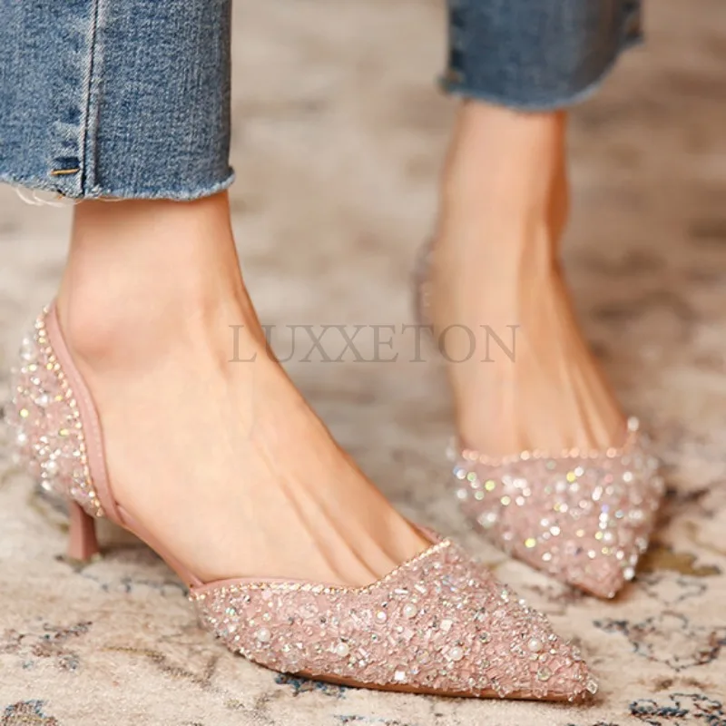 Crystal Diamond Slim Heel Pointed Shallow Mouth Women High Heels Elegant and Sexy Short Heel Pearl Chain Decoration 3.5CM