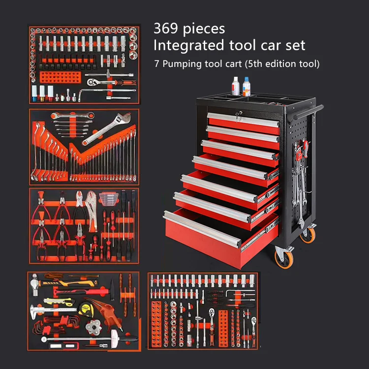 369 Pcs Steel 7 Drawers Tool Box Roller Cabinet Workshop Garage Rolling Tool Cabinet Trolley With Tools