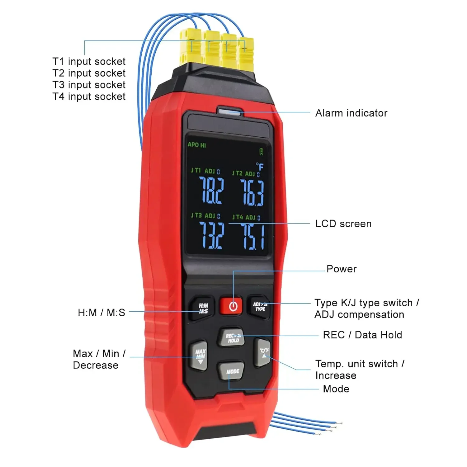 Termometro a termocoppia da 1 o 4 canali Tipo K/J con registratore dati in tempo reale Allarme sonoro e luminoso per una misurazione accurata della temperatura