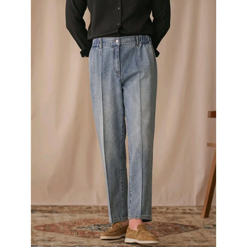Men Vintage Washed Straight Leg Jeans Elastic Waist Front Seam Split Ankle Length Trousers British Business Casual Denim Pants
