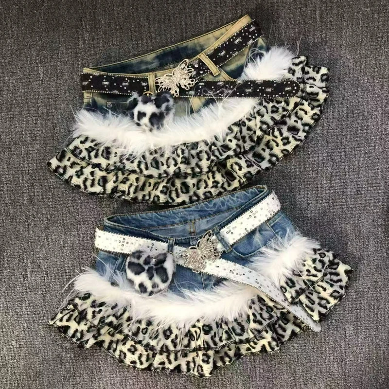 Harajuku Fashion Lolita Denim Skirt Women Vintage Sweet Black White Leopard Print Plush Patchwork Mini Skirts Y2K JK Short Skirt