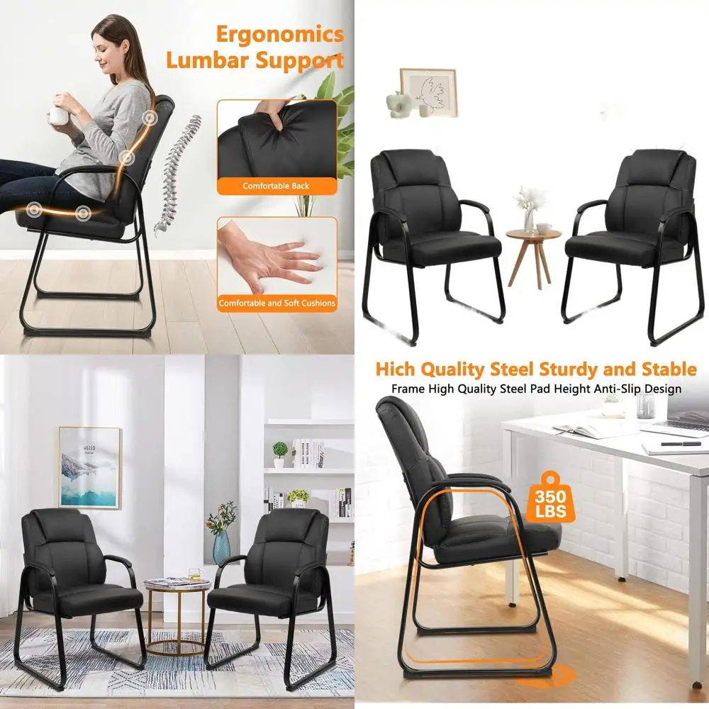 

Черные эргономичные стулья для гостей из искусственной кожи с подлокотниками, комплект из 2 штук для офиса, приемной и домашнего кабинета