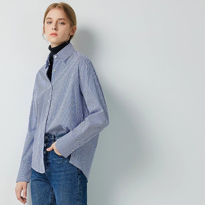 

Blue Striped Long Sleeve Women's Shirt Loose Fit Korean Style Spring New Arrival Simple Design Casual Cotton Top