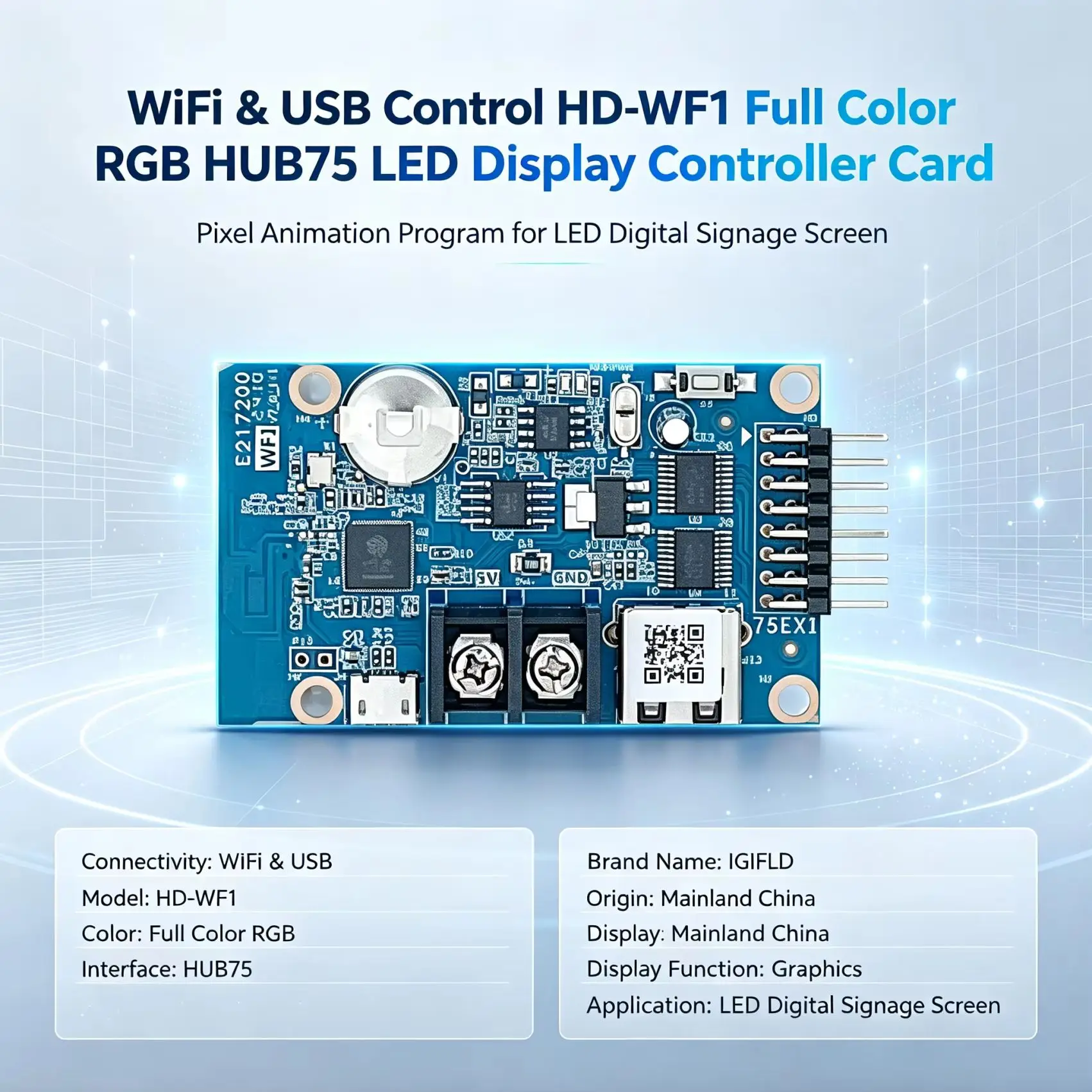 WiFi & USB Control Huidu HD-WF1 HD-WF2 HD-WF4 Full Color RGB HUB75 LED Display Controller Card Pixel Animation Program