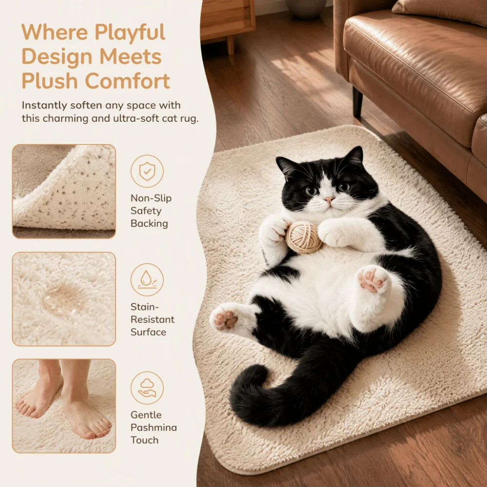 Soft 2D Cat Area Rug Non-Slip Anti-fouling Home Decor Carpet Pashmina Easy to Clean Cartoon Carpet Bedrooms