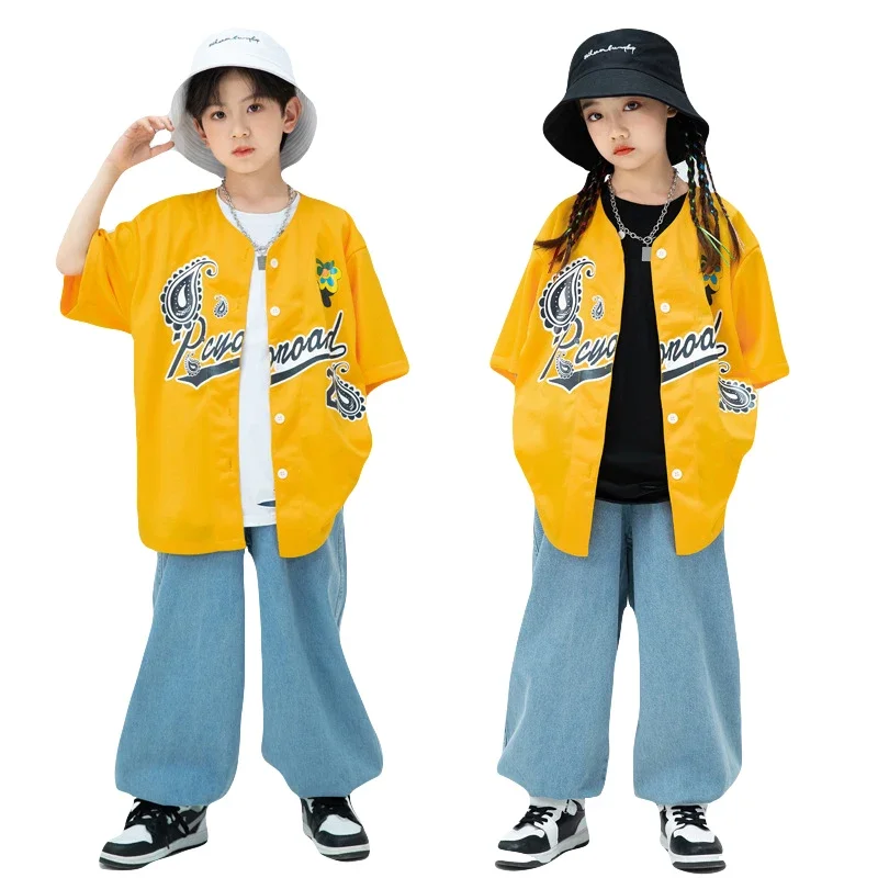 

Fashion Boys Girls Hip Hop Clothes Stage Perform Jazz Shirts Vest Denim Pants Unisex Street Dance Outfits for Kids