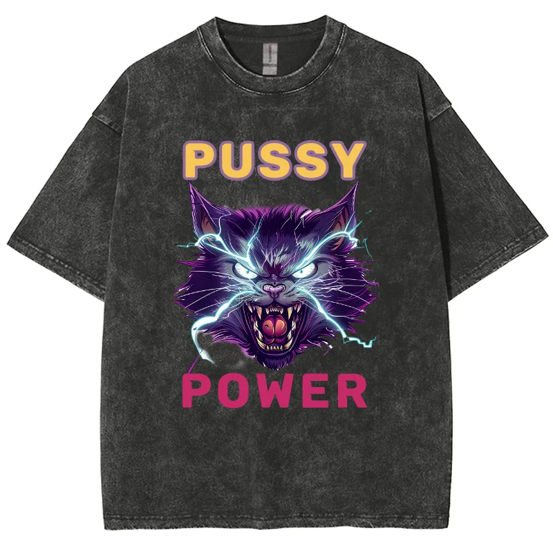 

Power Cat Print Wash Women's T-Shirt Oversized Y2K Trend Hip Hop Retro Short Sleeve Harajuku Casual Top Summer 2024