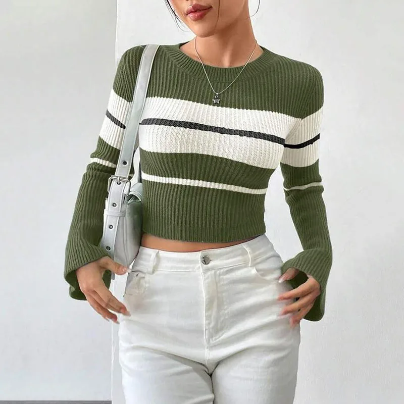 スリムフィットストライプニットセーター2025秋ラウンドネック長袖ベルスリーブオフィスレディトップス