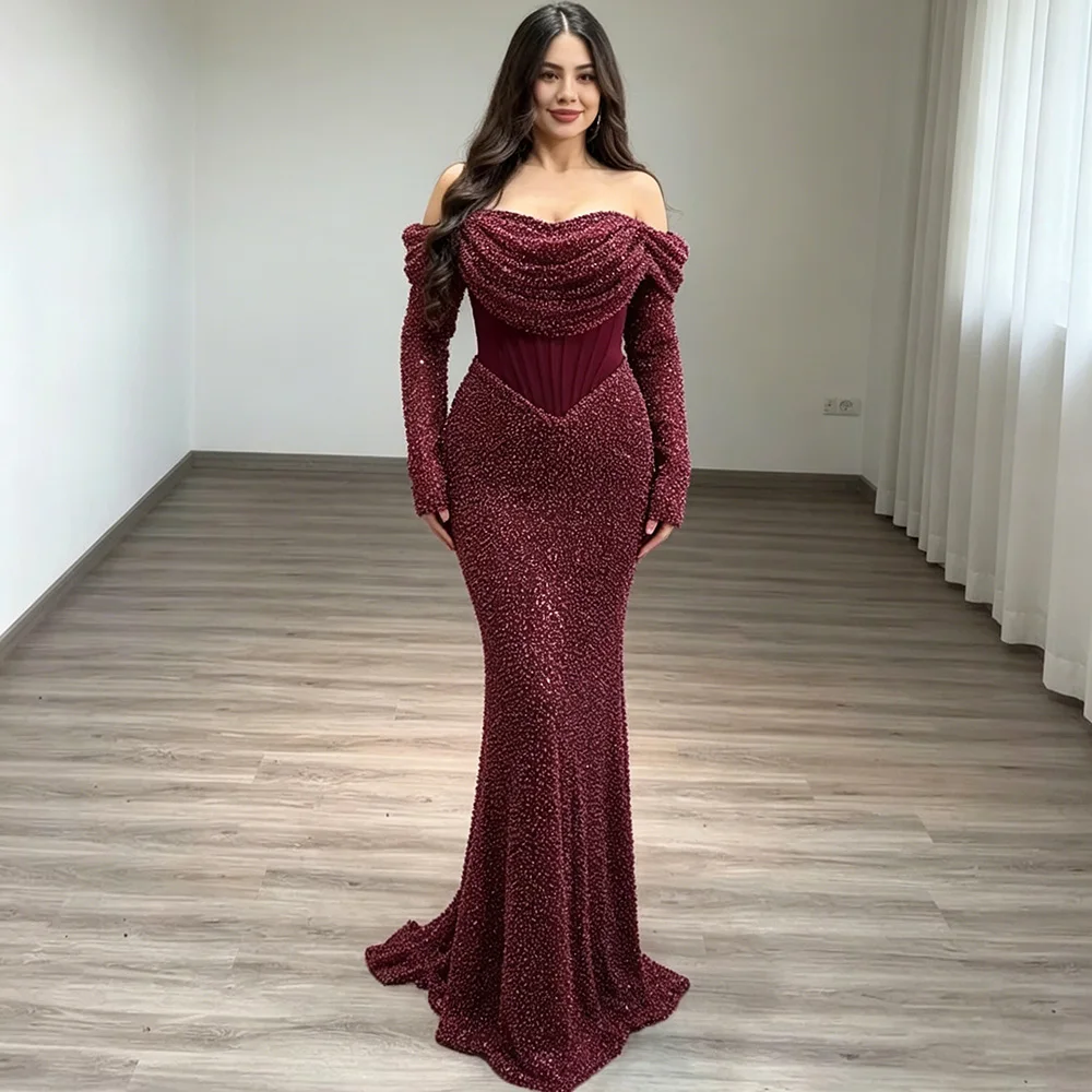 Luxuriöses Meerjungfrau-Abendkleid Maßgeschneidert Schulterfrei Sweetheart-Ausschnitt Perlen Pailletten Schleppe Ballkleid Hochzeitsfeier-Kleider