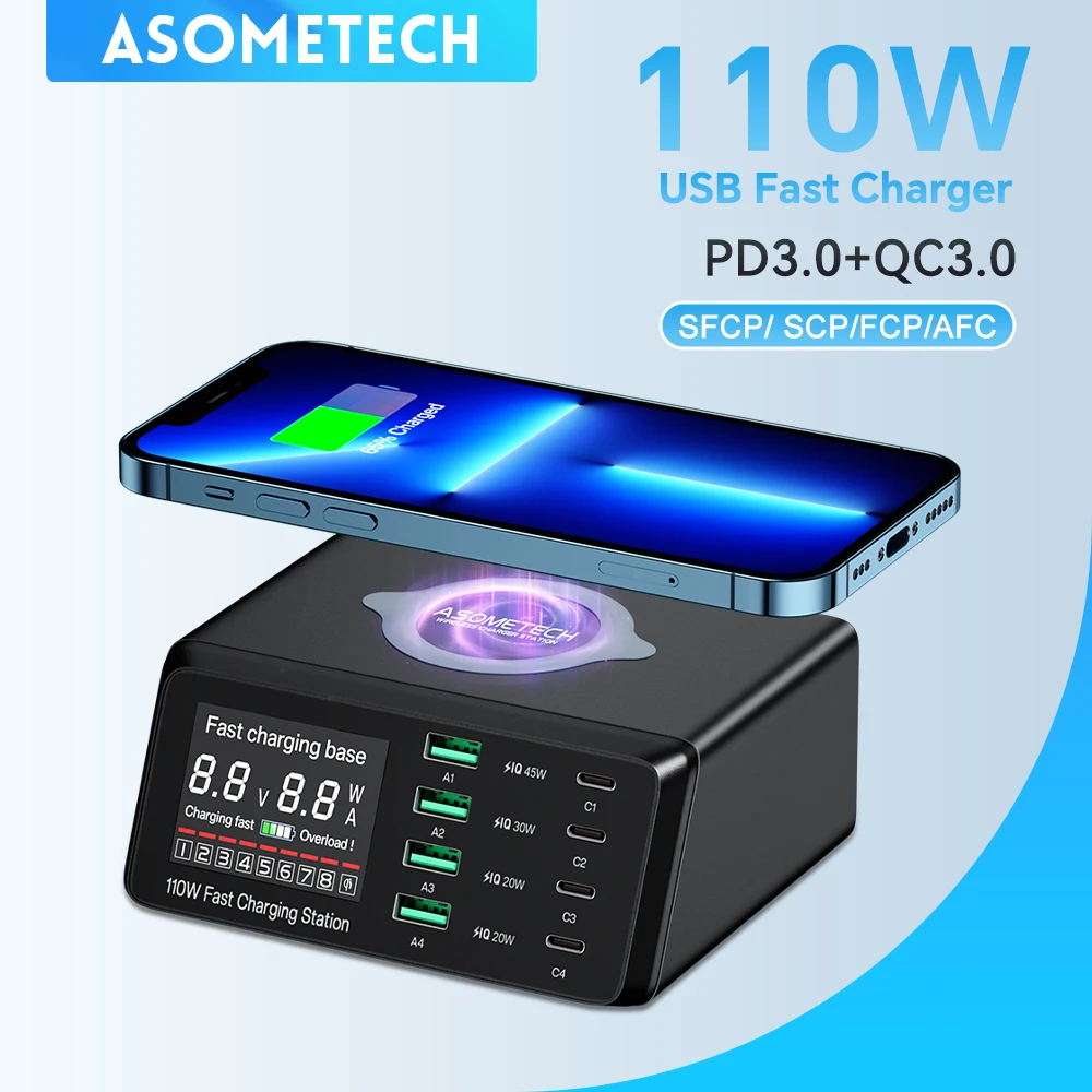 ASOMETECH 110W Desktop Type C Charger Digital Display PD QC3.0 Fast Charging For iPhone 14 13 Max Pro iPad For Xiaomi Samsung