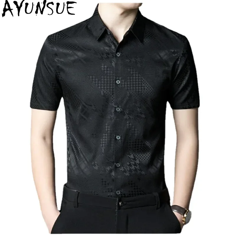 AYUNSUE 90.8% Mulberry Heavy Real Silk Shirt for Men Summer Short Sleeved Print Shirt Men Casual Stain Shirt Ropa Para Hombre