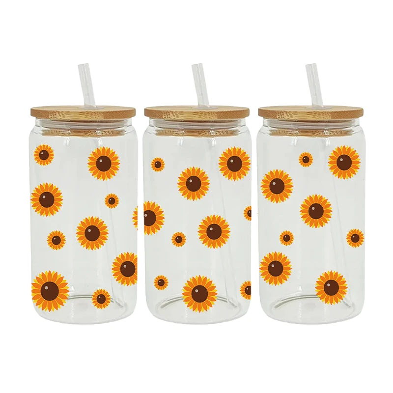 UV DTF Transfer Sunflowers Pattern Stickers Libbey Cup Wrap Iron For Glass 16oz D17506