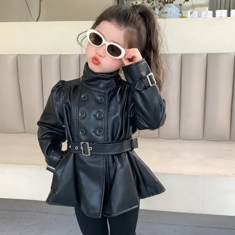 Autumn and Winter Children Leather Jacket  2026 New Fashion Waist Cinched Jacket for Girls Korean Stand Up Collar Jacket Top
