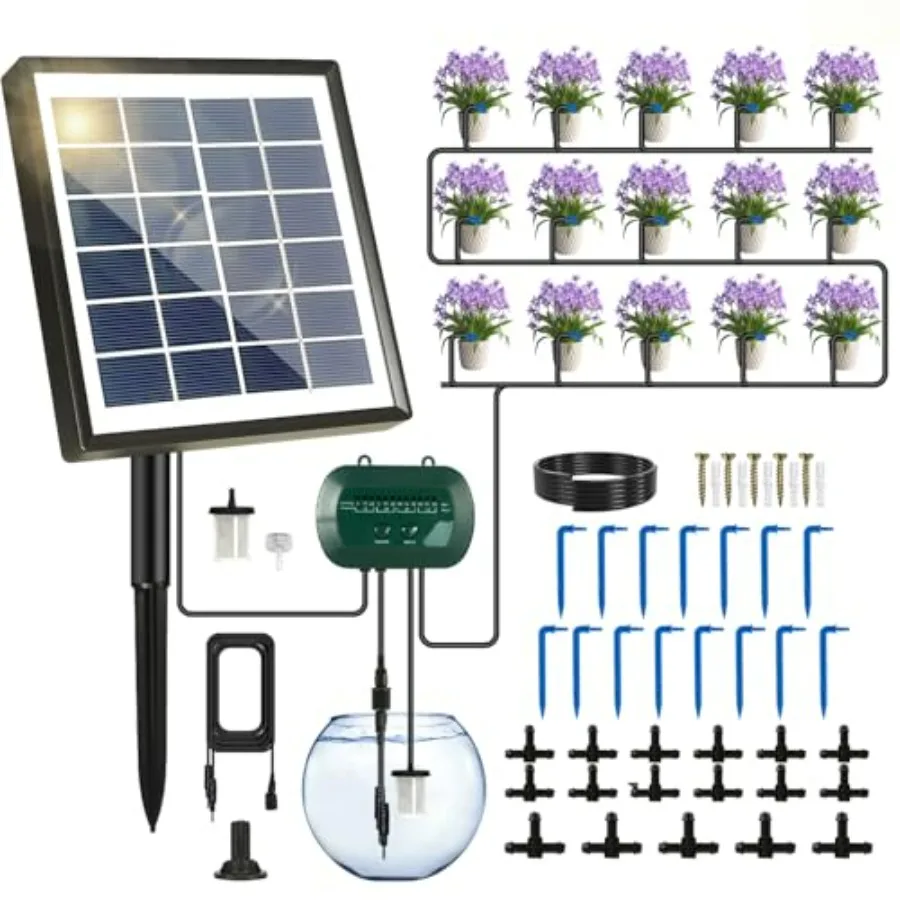 

Solar Drip Irrigation Kit 50FT, Automatic Garden Watering System with Timer, Draws Water from Container, Supports 15 Pots for B