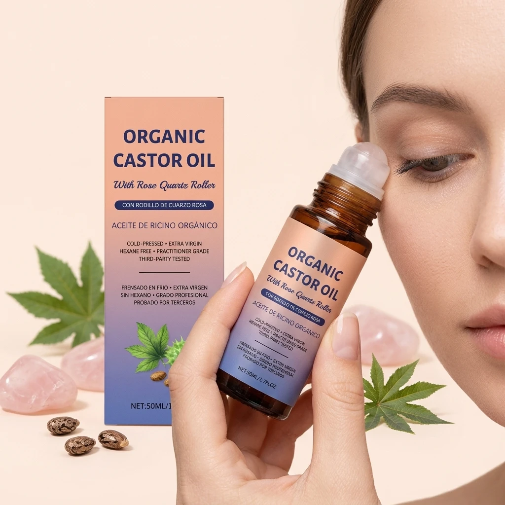 

Castor Oil Soothing Essence Ball With Rose Quartz Roller Moisturizing Brightening Cold-Pressed Castor Oil Face & Body Essence