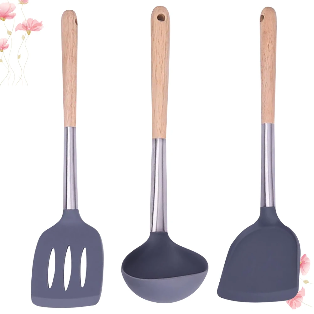 

3pcs Kitchen Utensil Set Silicone Cookware Practical Cooking Tools Bamboo Shovel Spoon Multi Shape Use