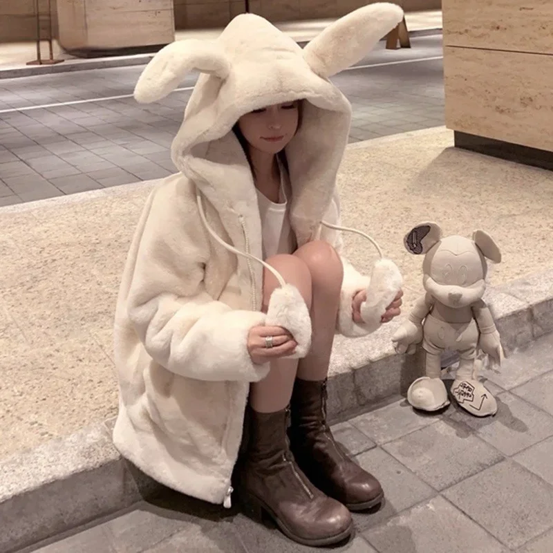 Veste d'Hiver à Capuche avec Fermeture Éclair pour Femme, Manteau en Faux Cachemire, Peluche, Oreilles de Lapin, Plus Velours Rembourré, Harajuku, Kawaii, 2024