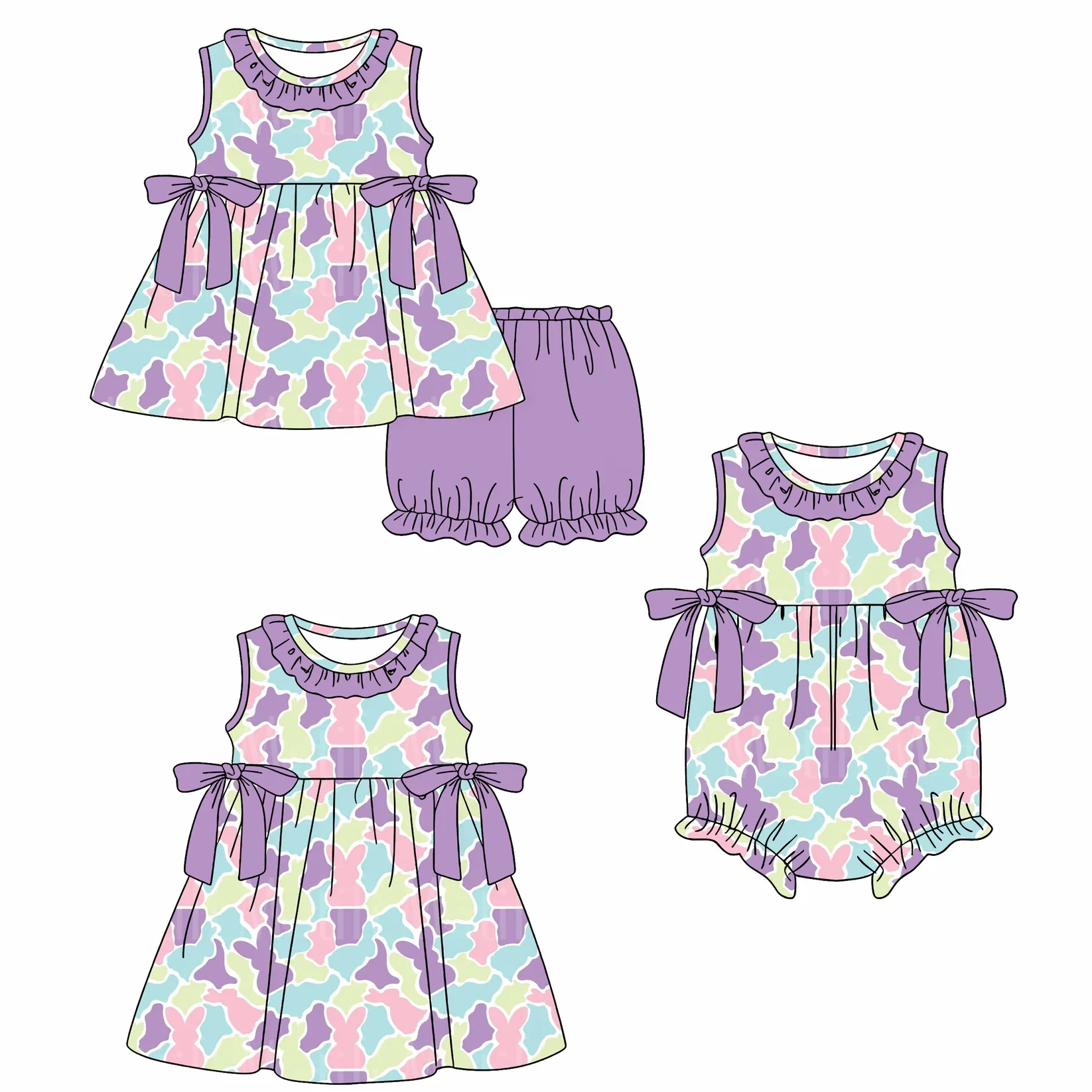 Easter New Camouflage Bunny and Carrot Print Ruffled Short-Sleeve Shorts Girls Summer Boutique Set Dress and Romper