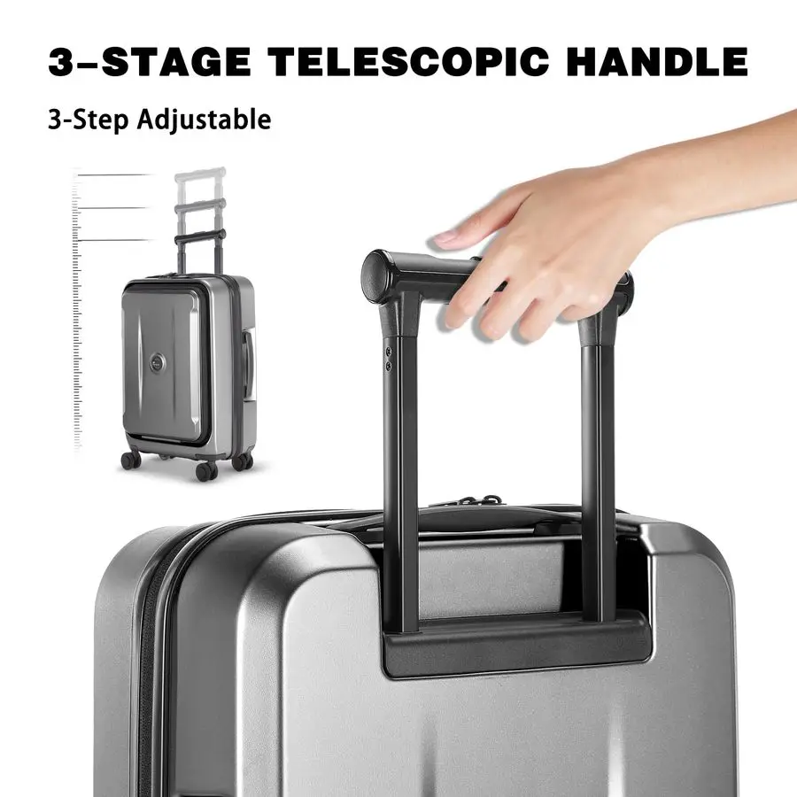 フロントポケットとUSBポート付き、PC対応ハードサイド20インチスーツケース、スピナーホイールと内蔵TSAロック付き、耐久性のある軽量