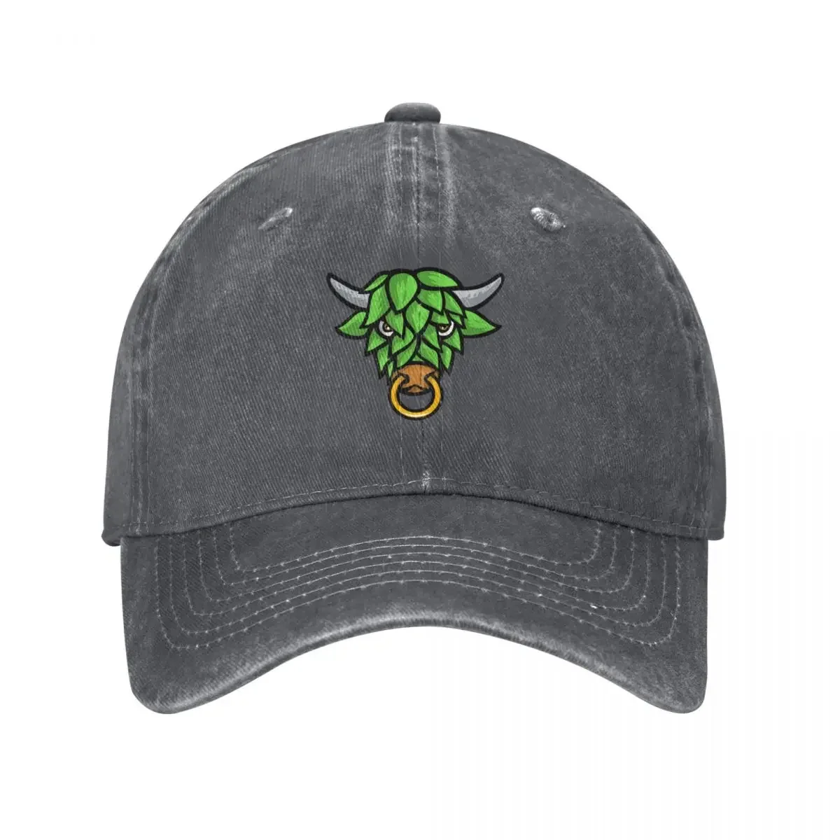 Green Short Horned Bull Head with Beer Hop Face Front View Mascot Color Retro Baseball Cap Golf Hat Girl Men's