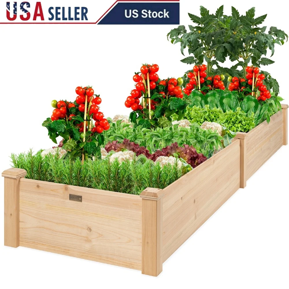 

Outdoor Wooden Raised Garden Bed Planter 8x2ft Durable Fir Wood Easy Assembly Garden Organizer with Divider Plants