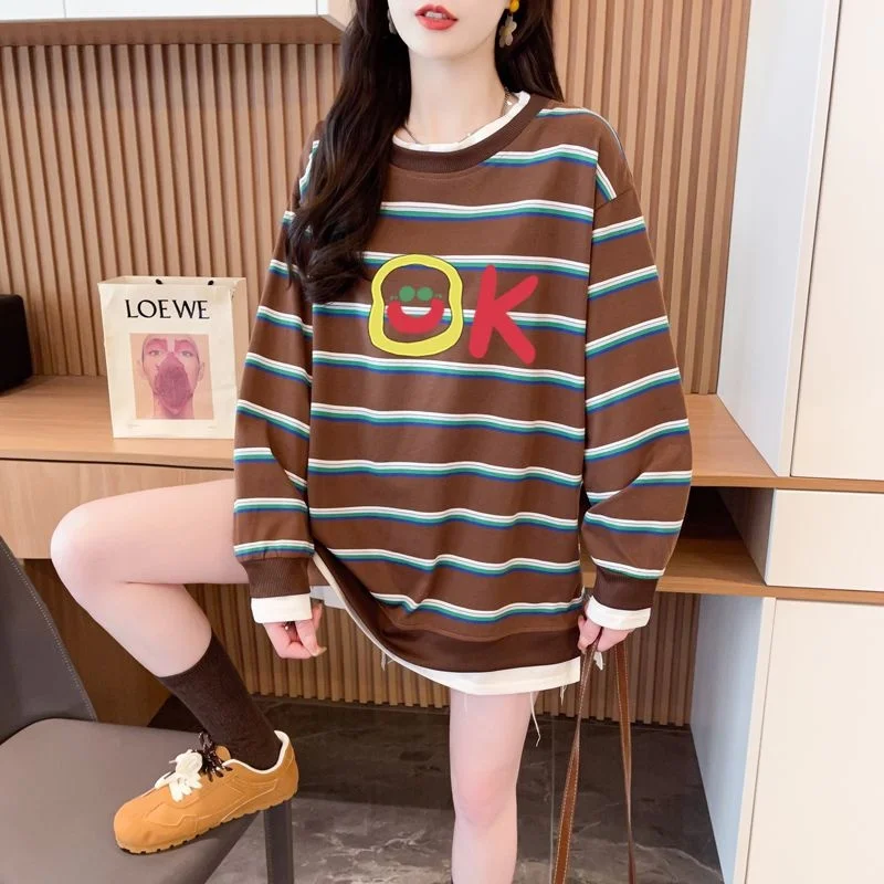 

Модная женская толстовка в полоску свободного кроя с длинным рукавом, базовый слой, весна-осень, большие размеры, Гуанчжоу