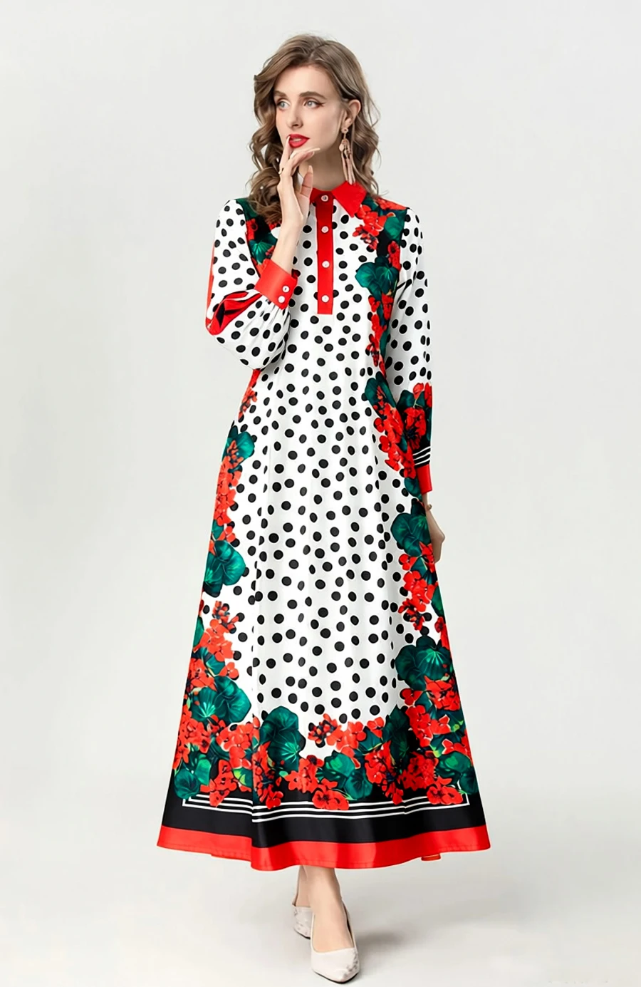 Abito lungo da donna con stampa floreale rossa e pois, colletto abbottonato, maniche lunghe, abiti fluidi stile vintage