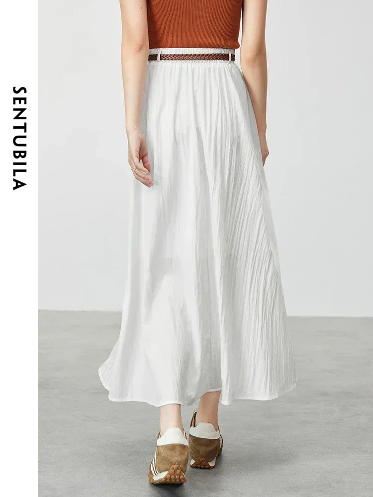 SENTUBILA A-line White Skirt Women 2025 Spring Casual Loose Elastic High Waist Long Skirt with Belt Woman Clothes W43Q56026