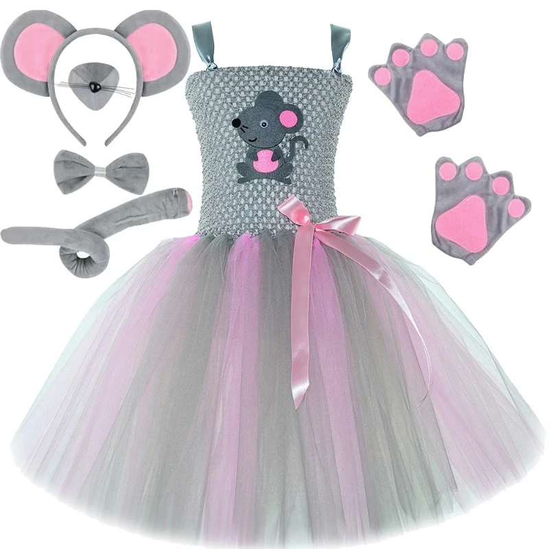 

Pink Gray Mouse Costumes for Baby Girls Halloween Outfit Children Animal Birthday Clothes for Kids Toddler Grey Rat Tutu Dress