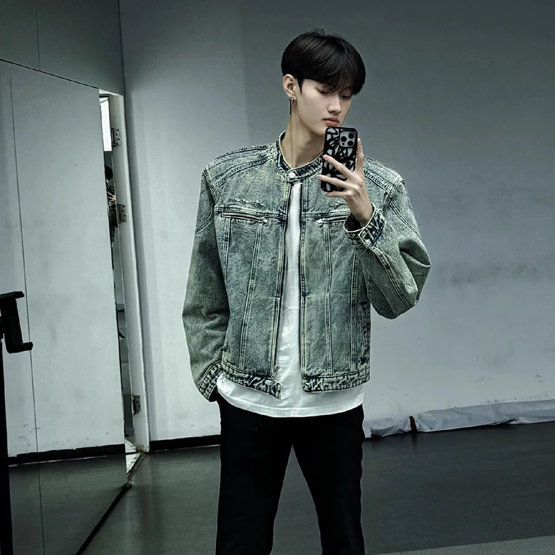 

Metal oulder Padded Denim Jaet Men's Spring Autumn Sle American High Street Premium Feeling Cool Workwear Jaet