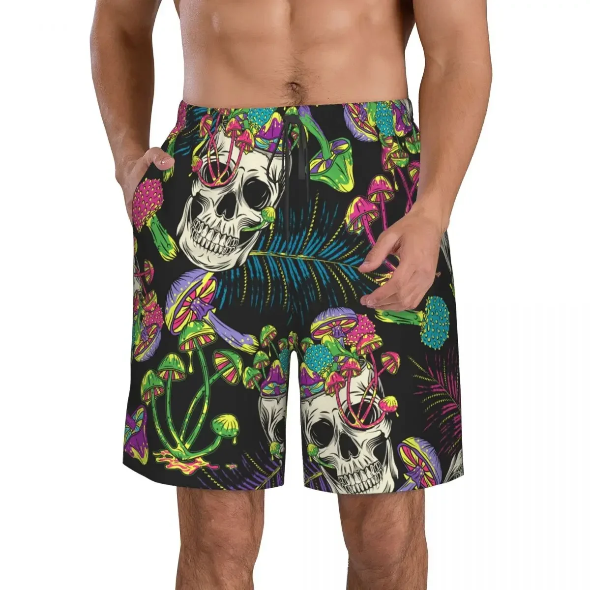 Swimwear Mens Swim Shorts Beach Trunks Crazy Mad Skull Magic Mushrooms Hippie Swimsuit Surf Board Bathing Suit