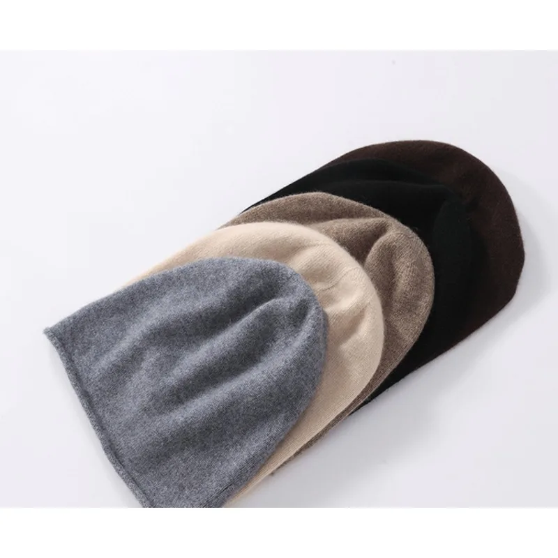 New style pure goat wool hat for men and women, warm knitted rolled edge piled hat, casual turban earmuff cold hat