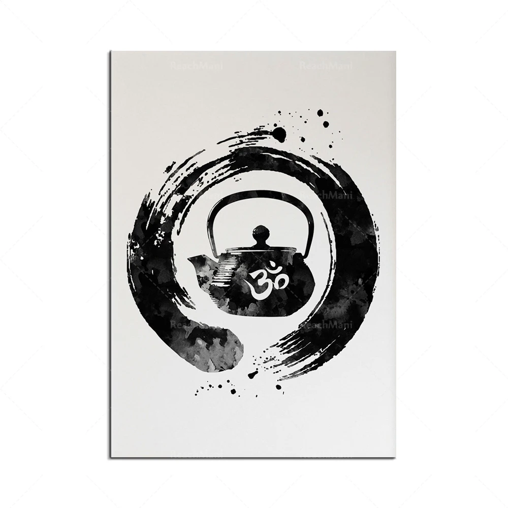Tetsubin kettle with lotus flower and teacup with Enso and Om symbols Buddhist Indian spiritual art watercolor ink tea poster