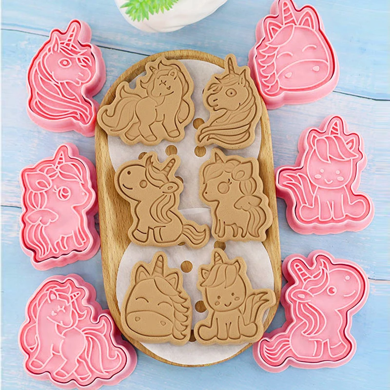 Cortadores de galletas de unicornio con juego de sellos de émbolo, 6 piezas de sello de galleta en relieve con forma de unicornio para hornear galletas, fondant, queso