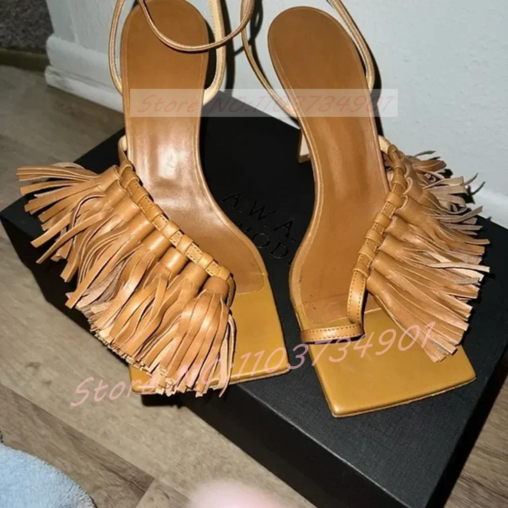 Tassel Flip-Flops Square Toe Sandals Women Brown Matte Fringe Ankle Strap Open Toe High Heels Shoes Sexy Runway Dress Sandals