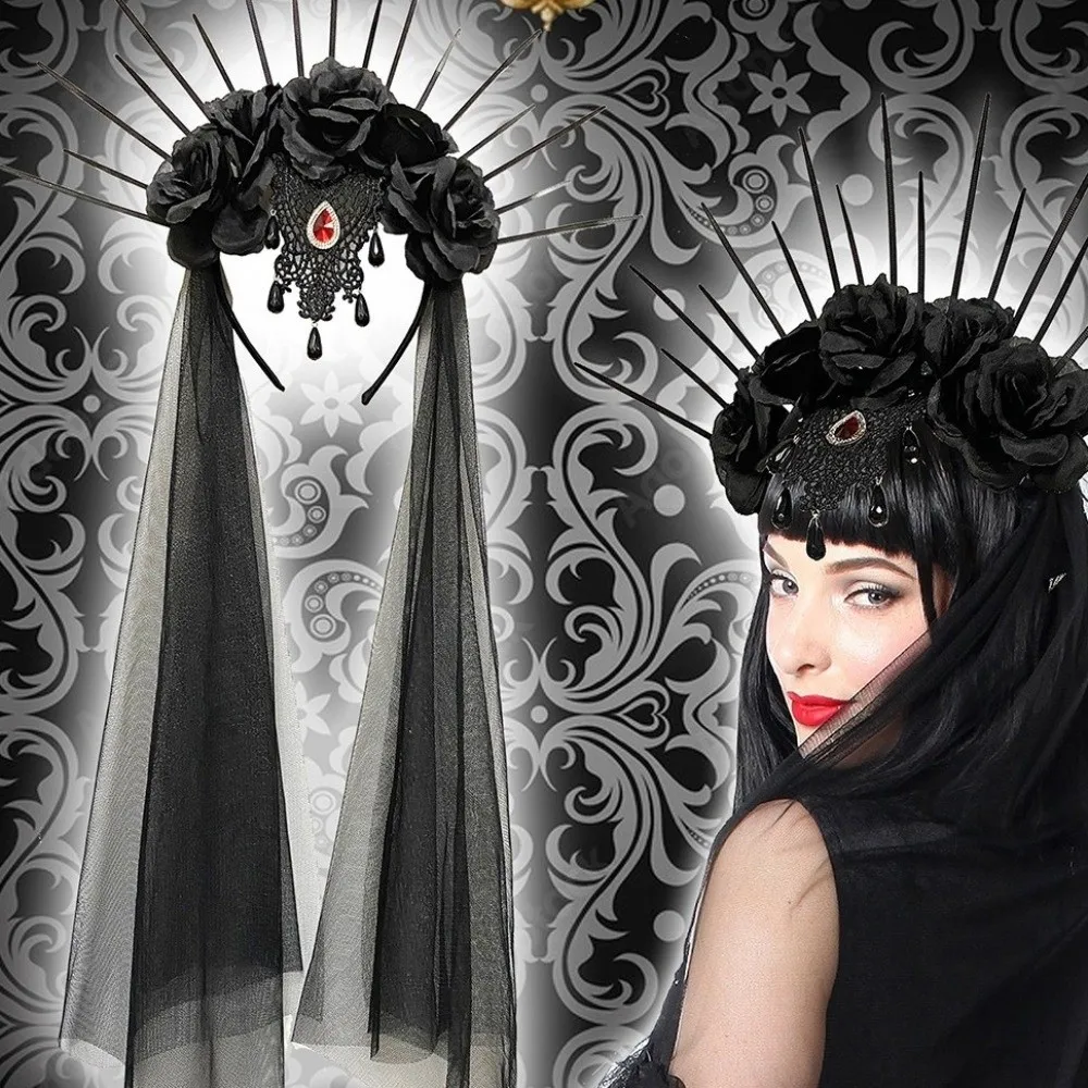 

Retro Mesh Halloween Headband Gothic Rhinestone Veil Headband Crown Rose Bride Hairband Party