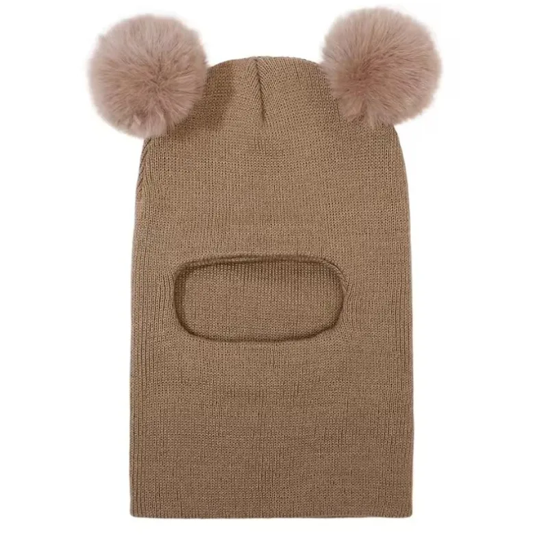 1 Stück warme gestrickte Sturmhaube für den Winter mit doppeltem Haarball, mehrfarbige Pullovermütze für Herbst und Winter, warm, winddicht, für den Außenbereich