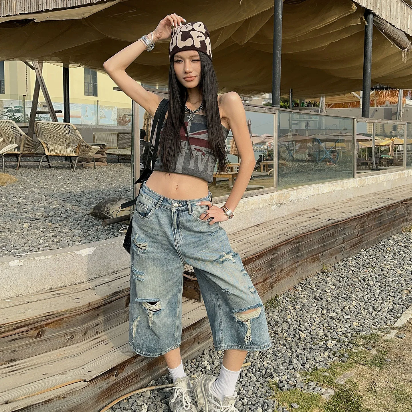 American Vintage High Waist Ripped Loose Wide Leg Jeans Versatile Draped Worn Straight Cropped Denim Pants