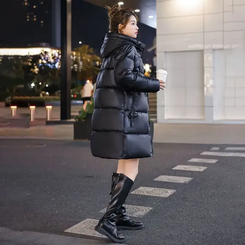 Black Gold No Wash Shiny Fashion Down Women's Cotton Jacket Mid Length Hooded New Warm Thick Loose Winter Padded Overcoat Female