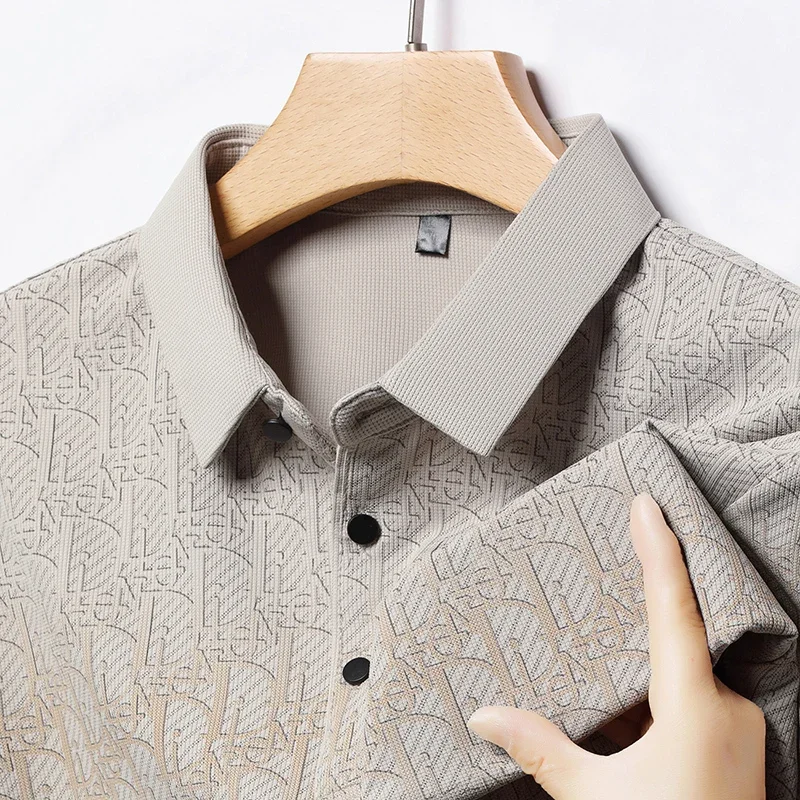 Luxury All Over Monogram Pattern Male Polo Tee Elastic Perforated Fabric Front Black Buttons Casual Office Short Sleeve Outfit