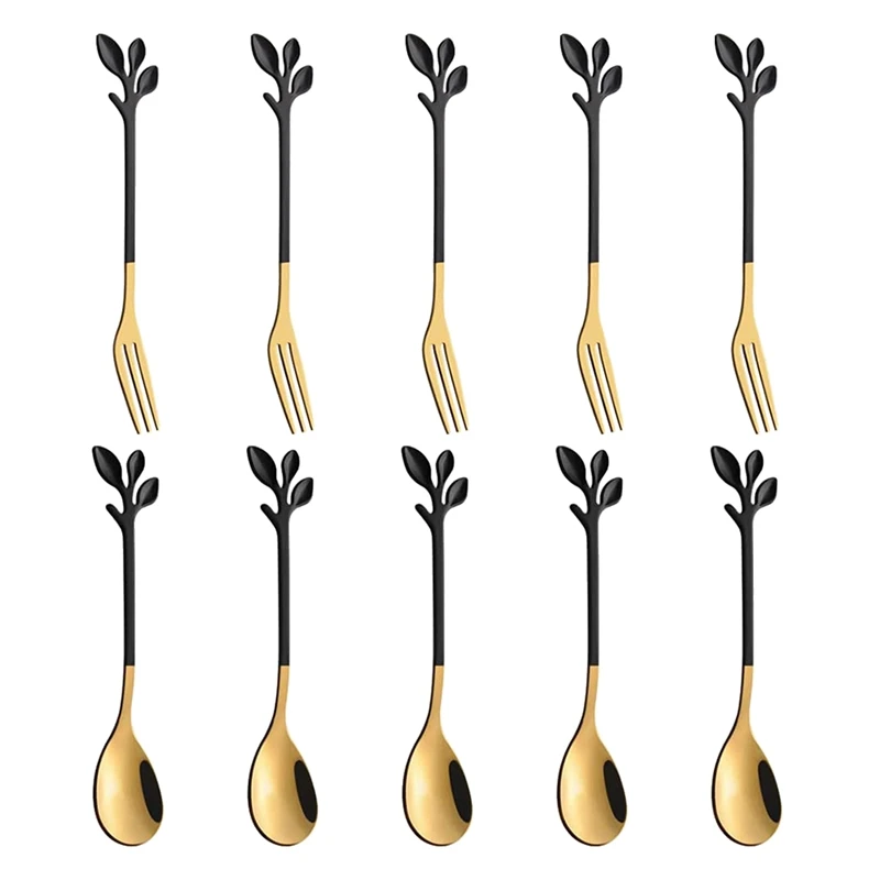 

5 Spoon+5 Forks Stainless Steel Leaf Coffee Cake Spoon Fork Dessert Spoons,Stirring Teaspoon Set Appetizer Forks Spoons