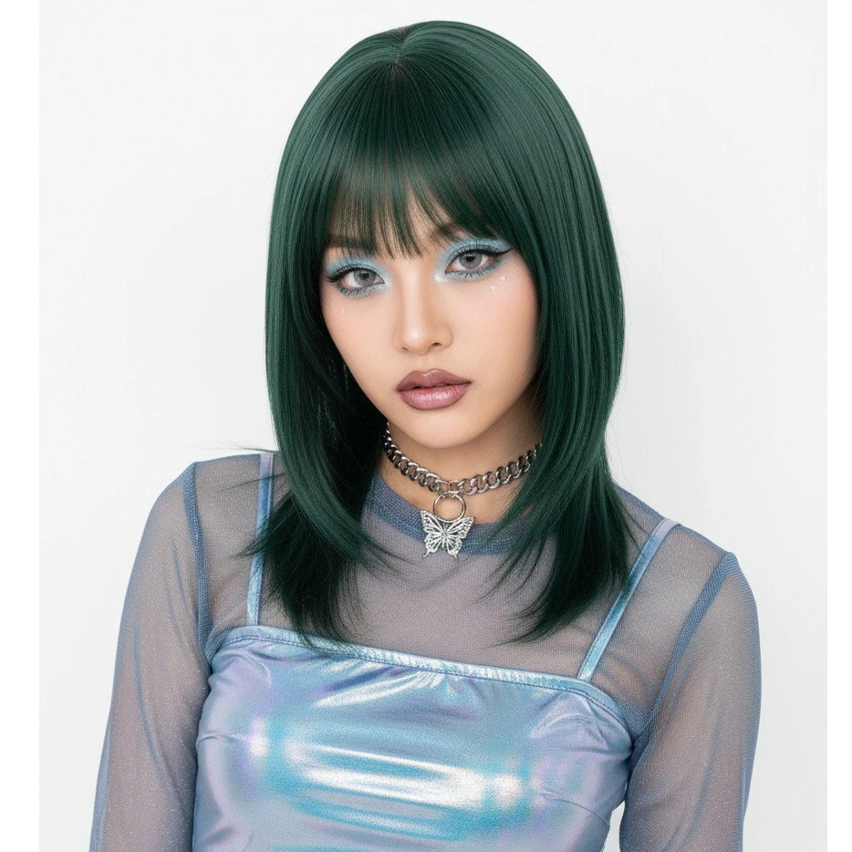 

Short Straight Wig with Bangs Fluffy Women Lolita Synthetic Dark Green Cosplay Heat Resistant Wig for Daily Party