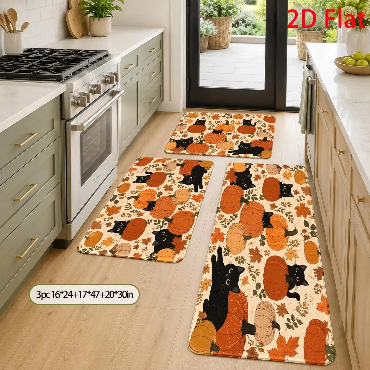 1pc, 2pcs, 3pcs, 2D Flat Kitchen Floor Mat Set, Halloween Black Cat Pumpkin Pattern Floor Mat, Autumn Leaf Design Decorative Rug, Easy-to-Clean Bathroom Rug, Suitable for Kitchen, Bathroom, Laundry Room, Dining Room, And, 2D Flat