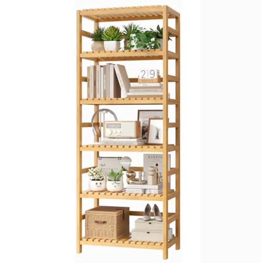 

6-Tier Bamboo Shelf for Kitchen Bathroom Home Office: Natural Bamboo Adjustable Shelves Free-Standing Plant Book Storage Unit