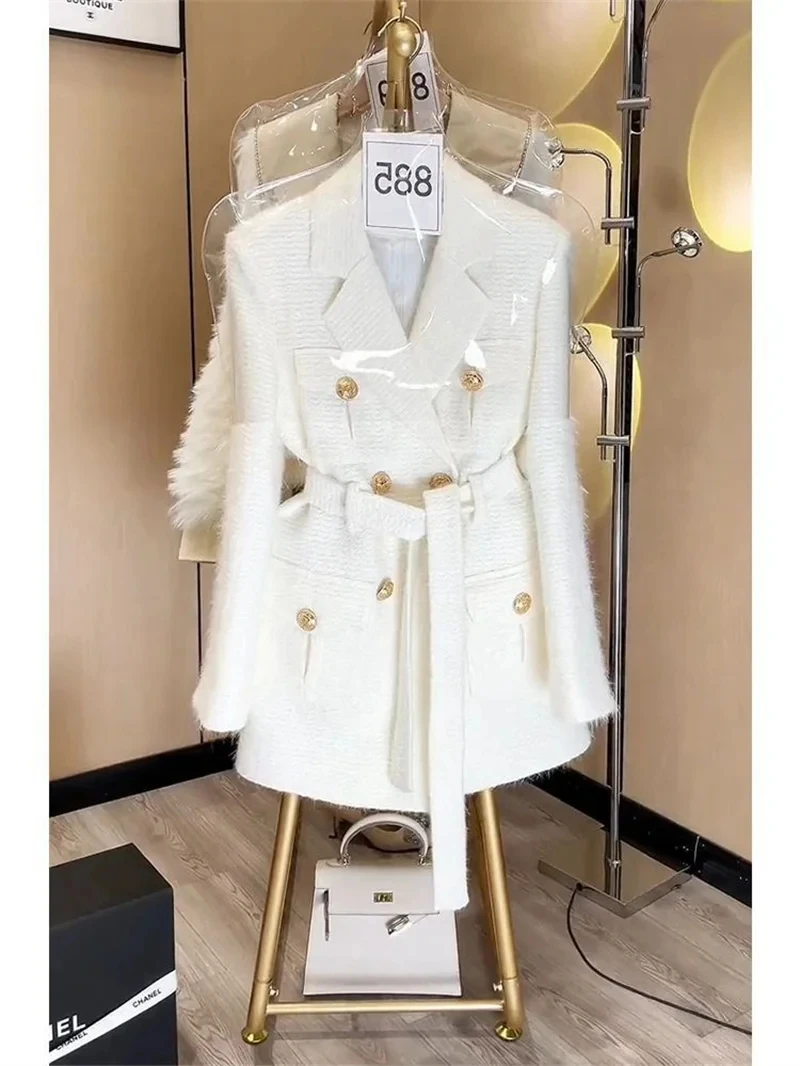 Small Fragrance Temperament High Sense Double-breasted Blazer Top 2024 Autumn and Winter New White Lace-up Suit Jacket Woman