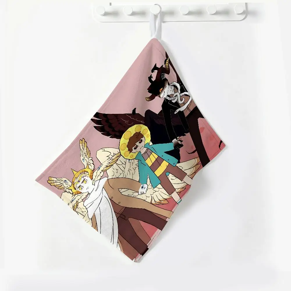 Cartoon Good Omens TV Polyester Cotton Hanging Kitchen Towel, Absorbent Hand Wiping Cloth for Daily Cleaning Drying