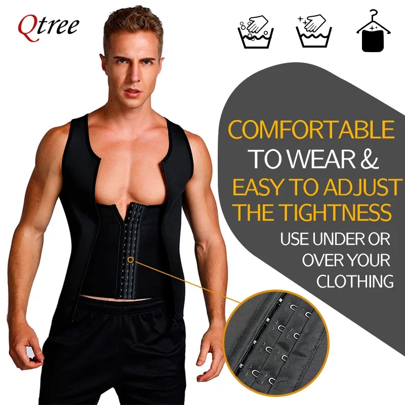 Qtree Men Compression Shirt for Slimming Sauna Sweat Body Shaper Tight Undershirt Tummy Control Girdle Weight Loss Waist Trainer