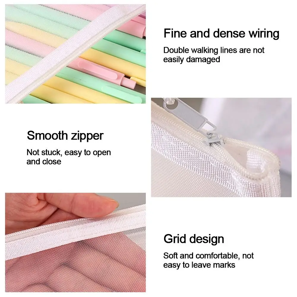 Office School Supplies Mesh Zipper Pencil Case Nylon Solid Color Mesh Zipper Pouch File Folders Stationery